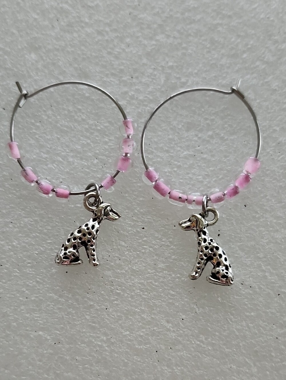 Hand Crafted Pink Beaded Hoop Earrings with Silver Dog Charms